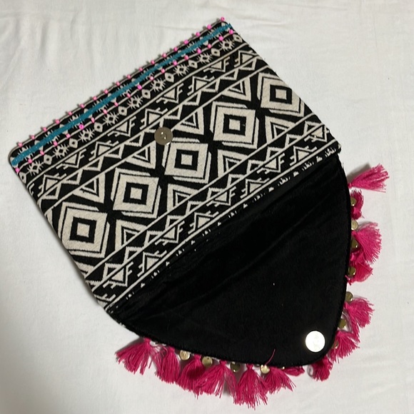 Aztec Boho Embellished Beaded Sequin Tassel Cotton Envelope Clutch Purse Bag - Picture 5 of 11